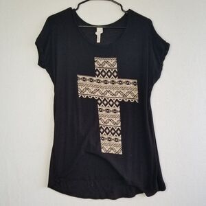 💚3/$15 Lovely Souls Aztec Cross Black T Shirt Short Sleeve M
